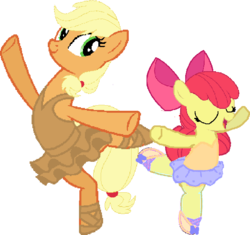 Size: 633x594 | Tagged: safe, artist:angrymetal, apple bloom, applejack, earth pony, pony, g4, 1000 hours in ms paint, applerina, arms in the air, ballerina, ballet, ballet dancing, ballet slippers, bloomerina, clothes, dancing, eyes closed, eyes open, female, needs more pixels, open mouth, pas de deux, pixelated, siblings, simple background, sisters, smiling, standing on one leg, transparent background, tutu, tutus