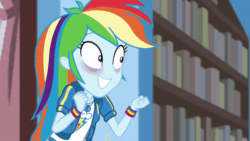 Size: 600x338 | Tagged: safe, screencap, rainbow dash, blizzard or bust, equestria girls, equestria girls series, g4, holidays unwrapped, spoiler:eqg series (season 2), animated, bookshelf, clothes, cute, cutie mark, cutie mark on clothes, dashabetes, excited, female, geode of super speed, gif, magical geodes, solo