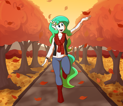 Size: 3000x2596 | Tagged: safe, artist:whatsapokemon, oc, oc only, oc:gumdrop, earth pony, anthro, autumn, clothes, female, flower, flower in hair, high res, leaves, scarf, solo, tree