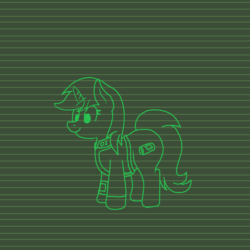 Size: 1280x1280 | Tagged: safe, artist:aaathebap, oc, oc only, oc:littlepip, pony, unicorn, fallout equestria, animated, clothes, eyes closed, fanfic, fanfic art, female, gif, gift art, glowing horn, hooves, horn, jumpsuit, magic, mare, monochrome, pipbuck, smiling, solo, vault suit