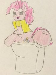Size: 772x1034 | Tagged: safe, artist:snipiper, pinkie pie, earth pony, pony, g4, bubblegum, but why, fart, female, food, gum, implied pooping, sitting on toilet, story included, toilet, traditional art