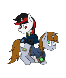 Size: 2550x3000 | Tagged: safe, artist:aaathebap, oc, oc only, oc:blackjack, oc:littlepip, pony, unicorn, fallout equestria, fallout equestria: project horizons, clothes, cute, fallout, fanfic, fanfic art, female, high res, hooves, horn, jumpsuit, mare, pipbuck, simple background, transparent background, vault security armor, vault suit