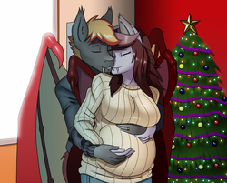 Size: 2040x1640 | Tagged: safe, artist:chacrawarrior, oc, oc only, oc:savory zest, oc:scarlet quill, bat pony, anthro, anthro oc, bat pony oc, breasts, christmas, christmas tree, clothes, commission, couple, digital art, duo, eyes closed, fangs, female, hearth's warming eve, holiday, husband and wife, male, mare, married couple, oc x oc, pants, pregnant, ring, romantic, scarlory, shipping, smiling, stallion, straight, sweater, tree, wedding ring, wholesome