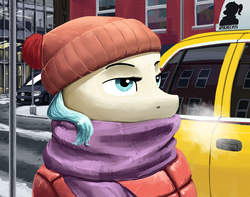 Size: 1876x1478 | Tagged: safe, artist:apocheck13, coco pommel, pony, g4, car, city, clothes, coat, digital art, female, mare, scarf, taxi