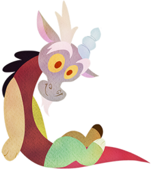 Size: 400x452 | Tagged: safe, artist:dawnfire, discord, g4, beard, cute, discute, eyebrows, facial hair, male, mismatched horns, mismatched legs, plushie, red pupils, simple background, smiling, solo, transparent background, wingless