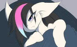 Size: 1471x896 | Tagged: safe, artist:k_clematis, oc, oc only, earth pony, pony, bed, blanket, earth pony oc, female, hair over one eye, mare, on back, solo