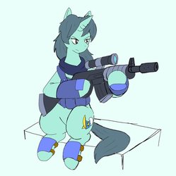 Size: 2036x2048 | Tagged: safe, artist:omegapony16, oc, oc only, oc:oriponi, pony, unicorn, armor, clothes, female, gun, high res, hoof hold, horn, mare, rifle, scarf, simple background, sitting, soldier, solo, unicorn oc, vest, weapon