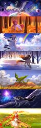 Size: 1600x4971 | Tagged: safe, artist:aquagalaxy, oc, oc:emerald rescue, human, pegasus, pony, unicorn, wolf, autumn, clothes, cloud, floral head wreath, flower, forest, ice, ice skating, leaves, leonine tail, non-mlp oc, planet, rainbow, scarf, snow, space, tree, winter