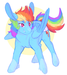 Size: 651x722 | Tagged: safe, artist:wytchwoods, rainbow dash, pegasus, pony, g4, abstract background, big ears, circle background, colored pupils, eyebrows, eyebrows visible through hair, female, leg fluff, long ears, mare, simple background, solo, two toned wings, wings