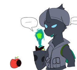 Size: 2048x1868 | Tagged: safe, artist:omegapony16, oc, oc only, changeling, ..., apple, armor, changeling oc, clothes, curved horn, food, horn, simple background, soldier, solo, turban, vest, white background