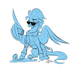 Size: 1440x1397 | Tagged: safe, artist:probablyfakeblonde, oc, oc only, oc:andrew swiftwing, pegasus, pony, clothes, coffee, hoodie, male, sketch, spilled drink, stallion, sunglasses, wing hands, wings