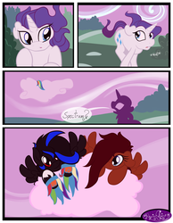 Size: 3500x4500 | Tagged: dead source, safe, artist:becauseimpink, rarity, oc, pegasus, pony, unicorn, comic:transition, g4, bed, cloud, comic, elusive, looking up, male, on a cloud, rule 63, running, stallion, transgender