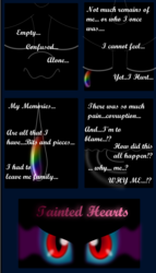 Size: 744x1300 | Tagged: safe, artist:auroraswirls, pony, comic:tainted hearts, comic, corrupted, dialogue, eyes closed, sombra eyes
