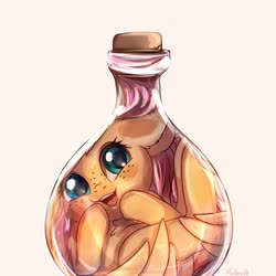Size: 2000x2000 | Tagged: safe, artist:miokomata, fluttershy, pegasus, pony, blushing, bottle, chest fluff, cork, cute, ear fluff, female, floppy ears, freckles, freckleshy, high res, mare, open mouth, ponies are liquid, pony in a bottle, shyabetes, signature, simple background, solo, white background