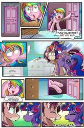 Size: 724x1103 | Tagged: safe, artist:candyclumsy, oc, oc:candy clumsy, oc:king speedy hooves, oc:queen galaxia (bigonionbean), alicorn, pegasus, pony, comic:nightmare pulsar, alicorn oc, awkward moment, bathroom, bedroom, clothes, comic, commissioner:bigonionbean, concerned, counter, cutie mark, dialogue, embarrassed, embracing, female, fusion:big macintosh, fusion:flash sentry, fusion:princess cadance, fusion:princess celestia, fusion:princess luna, fusion:shining armor, fusion:trouble shoes, fusion:twilight sparkle, galloping, hair bun, horn, husband and wife, jewelry, laughing, looking at each other, loving gaze, maid, male, mirror, multicolored hair, neigh, rainbow hair, regalia, sink, weird, writer:bigonionbean