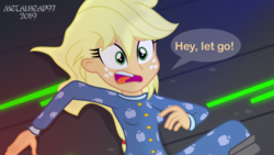 Size: 8000x4500 | Tagged: safe, artist:metalhead97, applejack, alien, comic:applejack gets anal probed, equestria girls, g4, applejack's hat, breasts, clothes, cowboy hat, dark, footed sleeper, freckles, hat, nervous, pajamas, scared, show accurate, spaceship, speech bubble, this will end in probing