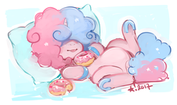 Size: 1046x619 | Tagged: safe, artist:stardrawsponies, oc, oc only, oc:sugarush, candy pony, food pony, original species, pony, unicorn, candy, chubby, colored hooves, cotton candy, donut, female, food, hair over eyes, mare, pillow, ponified, solo, tongue out, underhoof
