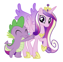 Size: 750x739 | Tagged: safe, artist:princesscaramelo, edit, editor:undeadponysoldier, princess cadance, spike, alicorn, dragon, pony, g4, age difference, crown, female, hug, infidelity, jewelry, male, mare, raised hoof, regalia, ship:spikedance, shipping, simple background, straight, white background