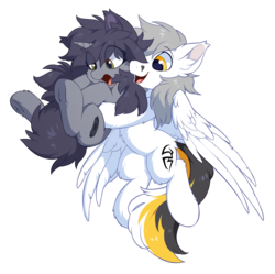 Size: 1500x1495 | Tagged: safe, artist:hioshiru, oc, oc only, oc:kate, oc:kej, pegasus, pony, unicorn, 2020 community collab, derpibooru community collaboration, cute, ear fluff, female, flying, holding a pony, k+k, male, mare, oc x oc, scared, shipping, simple background, stallion, straight, tail, tail between legs, transparent background
