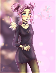 Size: 2000x2600 | Tagged: safe, artist:zefirka, fluttershy, human, equestria girls, g4, alternate hairstyle, breasts, cheekbones, choker, clothes, digital art, dress, female, floating wings, hair bun, high res, socks, solo, stockings, thigh highs, wings, zoom layer