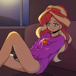 Size: 2000x2000 | Tagged: safe, artist:rockset, sunset shimmer, equestria girls, g4, bare legs, clothes, controller, female, high res, legs, night, partial nudity, schrödinger's pantsu, solo, sunset's apartment, sweater, thighs, window