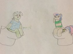 Size: 1280x956 | Tagged: safe, artist:snipiper, bon bon, lyra heartstrings, sweetie drops, earth pony, pony, unicorn, g4, but why, fart, female, implied farting, implied pooping, sitting on toilet, story included, toilet, traditional art