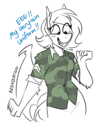 Size: 528x651 | Tagged: safe, artist:redxbacon, oc, oc only, bat pony, anthro, bat pony oc, blushing, camouflage, corporal, eeee, grin, military uniform, rolled up sleeves, simple background, smiling, solo, white background