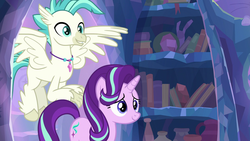 Size: 1920x1080 | Tagged: safe, screencap, starlight glimmer, terramar, classical hippogriff, hippogriff, pony, g4, student counsel, book, bookshelf