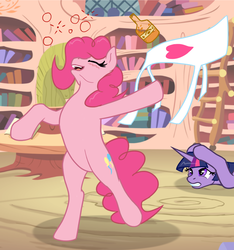 Size: 750x800 | Tagged: safe, artist:jykinturah, artist:pippy, pinkie pie, twilight sparkle, pony, pinkiepieskitchen, g4, apron, bipedal, blushing, bottle, clothes, drunk, duo, golden oaks library, no shame, we don't normally wear clothes