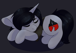 Size: 2296x1591 | Tagged: safe, artist:narikpetyx, pony, unicorn, clothes, commission, disguise, disguised siren, eyes closed, floppy ears, horn, kellin quinn, male, ponified, shirt, sleeping, sleeping with sirens, solo, stallion, t-shirt, ych result