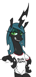 Size: 571x1227 | Tagged: safe, artist:jargon scott, queen chrysalis, changeling, changeling queen, semi-anthro, g4, arm hooves, clothes, female, grin, mommy chrissy, shirt, smiling, solo, t-shirt