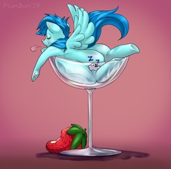 Size: 1280x1267 | Tagged: safe, artist:plumbum-pb, oc, oc only, unnamed oc, pegasus, pony, anatomically incorrect, butt, cup, cup of pony, food, incorrect leg anatomy, male, micro, pink background, plot, simple background, solo, spread wings, stallion, strawberry, wings, ych result