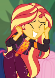 Size: 359x514 | Tagged: safe, screencap, fluttershy, sci-twi, sunset shimmer, twilight sparkle, equestria girls, equestria girls series, g4, sunset's backstage pass!, spoiler:eqg series (season 2), blurry background, clothes, cropped, cute, eyes closed, female, geode of empathy, grin, happy, holding hands, jacket, magical geodes, shimmerbetes, smiling, solo focus, thank you