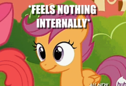 Size: 586x399 | Tagged: safe, edit, edited screencap, screencap, scootaloo, pegasus, pony, g4, twilight time, caption, cropped, dead inside, female, filly, foal, image macro, meme, offscreen character, philosophical zombie, solo focus, text, x internally