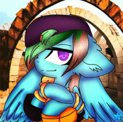 Size: 800x797 | Tagged: safe, anonymous artist, oc, oc only, oc:precised note, pegasus, pony, cap, clothes, cosplay, costume, floppy ears, hat, king of fighters, lucky glauber, smiling, solo, watermark, wings, wristband