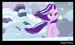 Size: 1288x778 | Tagged: safe, edit, edited screencap, editor:teren rogriss, screencap, queen chrysalis, starlight glimmer, changeling, changeling queen, pony, unicorn, g4, the ending of the end, female, frozen, ice, ice cube, snow, ultimate chrysalis