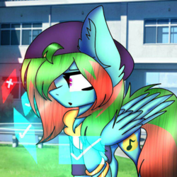 Size: 800x798 | Tagged: safe, anonymous artist, oc, oc only, oc:precised note, pegasus, pony, cap, clothes, cosplay, costume, cutie mark, hat, hologram, king of fighters, lucky glauber, solo, walking, wings, worried, wristband