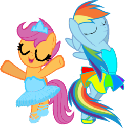 Size: 626x642 | Tagged: safe, artist:angrymetal, rainbow dash, scootaloo, pony, g4, 1000 hours in ms paint, arms in the air, ballerina, ballet, ballet dancing, ballet slippers, bipedal, clothes, dancing, eyes closed, open mouth, pas de deux, rainbowrina, scootarina, scootutu, simple background, smiling, transparent background, tutu, tutus
