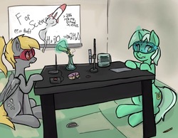 Size: 1218x946 | Tagged: safe, artist:^:3, edit, derpy hooves, lyra heartstrings, earth pony, pony, unicorn, g4, beaker, chemistry, duo, ear fluff, erlenmeyer flask, flask, glowing horn, goggles, horn, magic, open mouth, ponytail, rocket, safety goggles, science, sitting, table, telekinesis, test tube, whiteboard