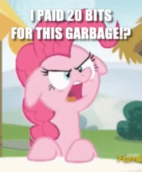 Size: 307x372 | Tagged: safe, edit, edited screencap, screencap, pinkie pie, earth pony, pony, every little thing she does, g4, caption, cropped, female, floppy ears, image macro, reaction image, solo, text, unamused