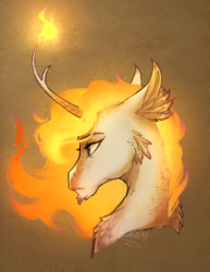 Size: 1700x2200 | Tagged: safe, artist:bootsdotexe, princess celestia, pony, comic:beyond our borders, g4, alternate design, alternate universe, bust, cheek feathers, ethereal mane, feathered ears, female, fire, forked horn, horn, mane of fire, mare, portrait, signature, solo, tan background