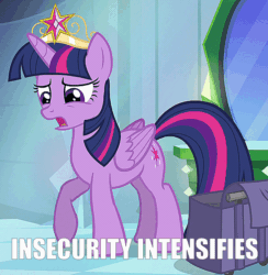 Size: 678x694 | Tagged: safe, edit, edited screencap, screencap, twilight sparkle, alicorn, pony, equestria girls, g4, my little pony equestria girls, animated, big crown thingy, caption, cropped, element of magic, female, gif, horses doing horse things, image macro, insecure, jewelry, pawing the ground, regalia, solo, text, twilight sparkle (alicorn)