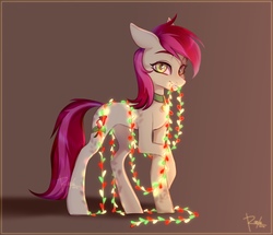 Size: 2517x2160 | Tagged: safe, artist:roole, roseluck, earth pony, pony, g4, collar, commissioner:doom9454, concave belly, crossed hooves, cute, female, garland, high res, looking at you, mare, mouth hold, pet collar, pet tag, pony pet, rosepet, simple background, slender, solo, thin