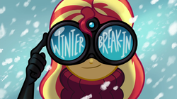 Size: 1920x1080 | Tagged: safe, screencap, sunset shimmer, equestria girls, equestria girls specials, g4, my little pony equestria girls: better together, my little pony equestria girls: holidays unwrapped, winter break-in, female, goggles, looking at you, snow, title card