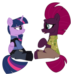 Size: 6896x7123 | Tagged: safe, artist:ejlightning007arts, tempest shadow, twilight sparkle, alicorn, pony, unicorn, g4, my little pony: the movie, clothes, crossover, cute, female, hawaiian shirt, judy hopps, lesbian, nick wilde, open mouth, police uniform, raised hoof, ship:tempestlight, shipping, shirt, simple background, transparent background, twilight sparkle (alicorn), vector, zootopia