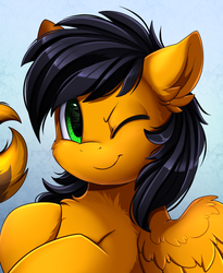 Size: 1446x1764 | Tagged: safe, artist:pridark, oc, oc only, oc:twintails, pegasus, pony, black hair, bust, chest fluff, commission, cute, ear fluff, green eyes, handsome, male, one eye closed, portrait, smiling, solo, wink