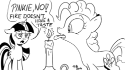 Size: 1200x675 | Tagged: safe, artist:pony-berserker, pinkie pie, twilight sparkle, earth pony, pony, unicorn, pony-berserker's twitter sketches, g4, black and white, candle, duo, female, fire, grayscale, i can't believe it's not idw, mare, monochrome, pinkie being pinkie, signature, simple background, sketch, speech bubble, this is going to hurt, this will end in pain, unicorn twilight, white background