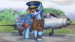Size: 3840x2160 | Tagged: safe, artist:lakunae, rainbow dash, pegasus, pony, g4, aircraft, airfield, female, fighter, fighter plane, hangar, high res, jet, jet fighter, looking at you, mare, mig-21, military, military uniform, pilot, pilot dash, plane, soviet, tongue out, wings