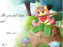 Size: 1024x768 | Tagged: safe, artist:randomflakey, fluttershy, pegasus, pony, g4, boots, crossover, female, flower, hat, league of legends, scroll, shoes, sitting, solo, teemo, tree, tree stump