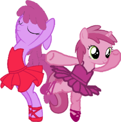 Size: 622x624 | Tagged: safe, artist:angrymetal, berry punch, berryshine, ruby pinch, earth pony, pony, unicorn, g4, 1000 hours in ms paint, arms in the air, arms out, ballerina, ballet, ballet slippers, berryrina, clothes, eyes closed, eyes open, female, mother and daughter, pas de deux, pincherina, simple background, smiling, standing on one leg, transparent background, tutu, tutus